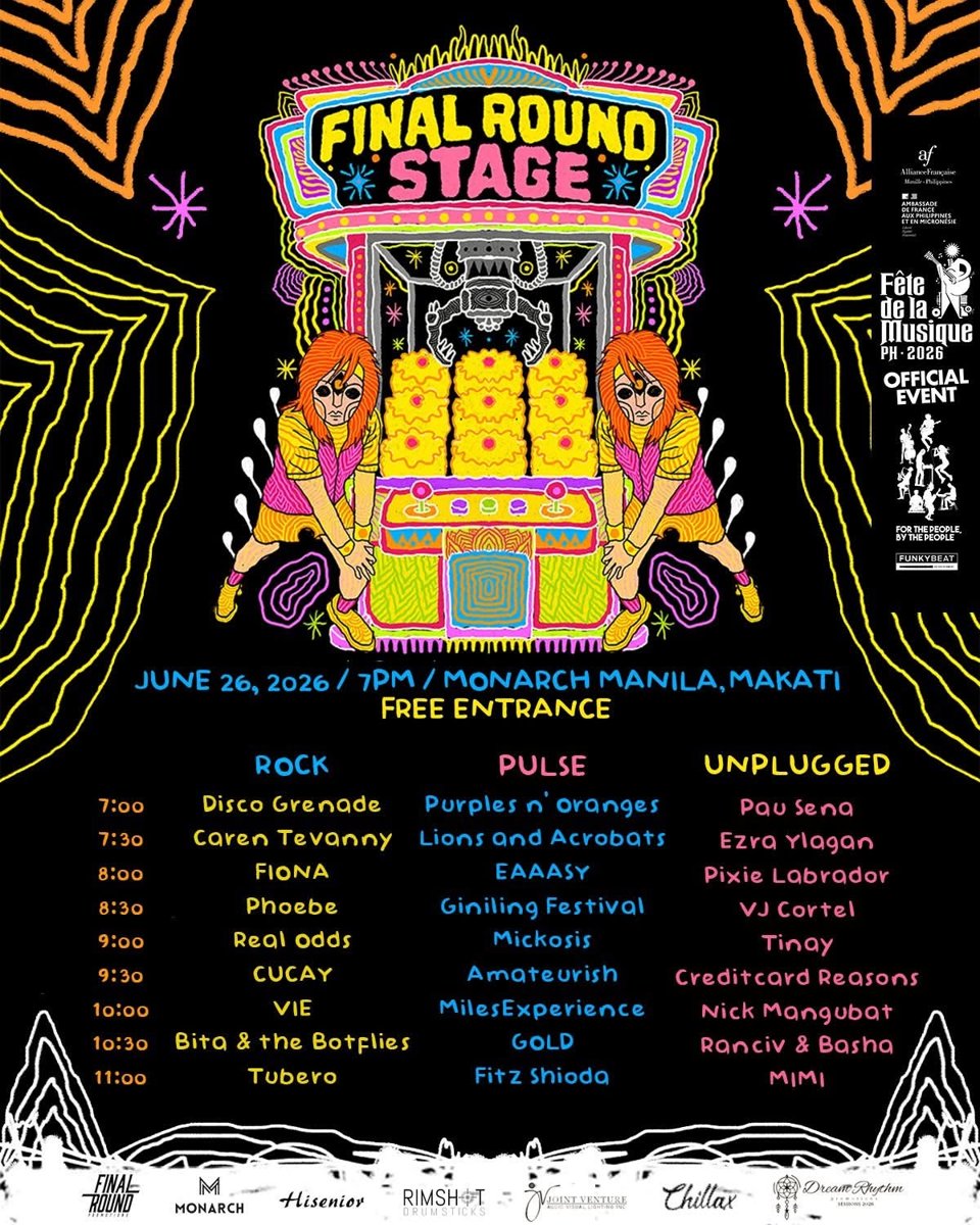 Official poster of the Fête de la Musique PH 2026 Final Round Stage: Phoebe on the Rock lineup, Monarch Manila, June 26, 2026